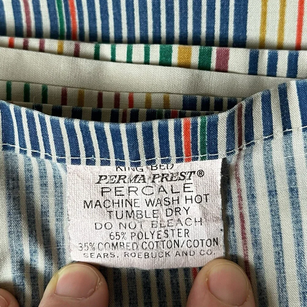 VTG Sears Perma Prest Percale King Flat Sheet Multicolor Stripe 70s Cotton